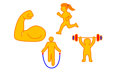 4 athletes running skipping lifting a barbell and tensing their bicep